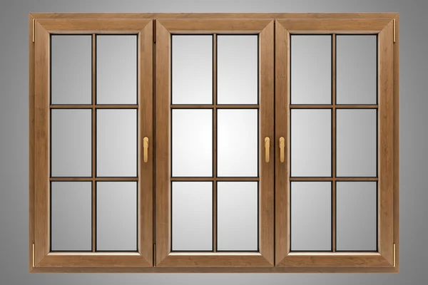 Brązowe okna drewniane na białym tle na szarym tle — Zdjęcie stockowe
