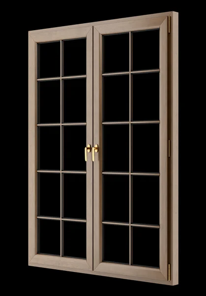 黒の背景に分離された茶色の木製窓 — ストック写真