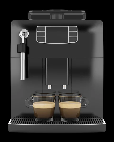 Black coffee machine with two cups isolated on black background — Stock Photo, Image