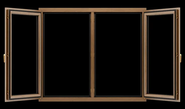 Siyah arka plan üzerine izole kahverengi ahşap pencere açın — Stok fotoğraf