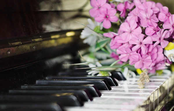 Bukett sommerblomster på et piano – stockfoto