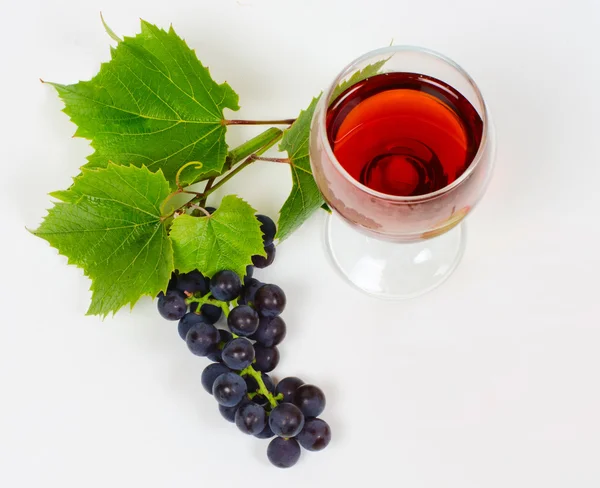 O conjunto de uvas e maçã jazem perto de um copo de vinho com marca — Fotografia de Stock