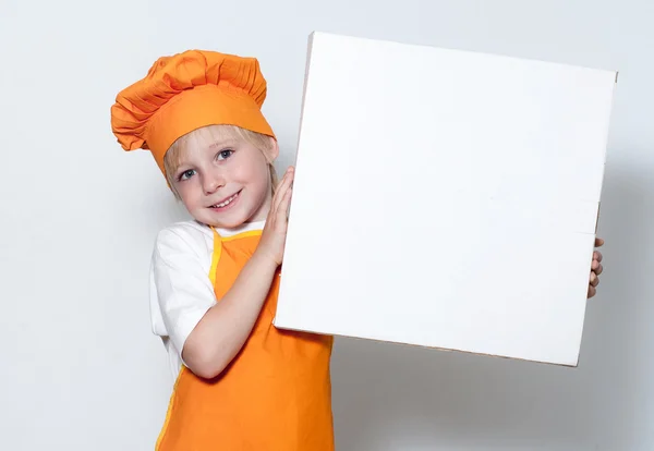 Pequeño cocinero con caja para pizza —  Fotos de Stock