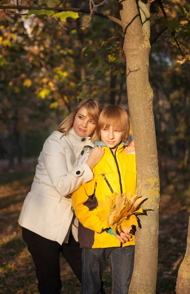 屋外の公園や森の中の母親と小さな息子 — ストック写真