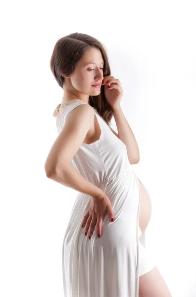 Šťastná Těhotná Žena Lehkém Pozadí — Stock fotografie
