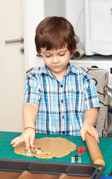 Little Boy Swinging Rolling Pin Cookie Dough — Stock Photo, Image