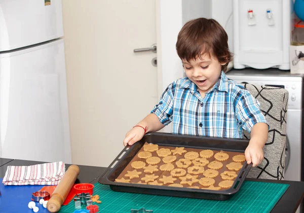 Menino Segurando Uma Assadeira Com Biscoitos — Fotografia de Stock