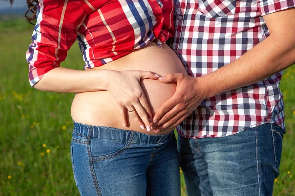 Vaders Handen Buik Van Een Zwangere Vrouw — Stockfoto