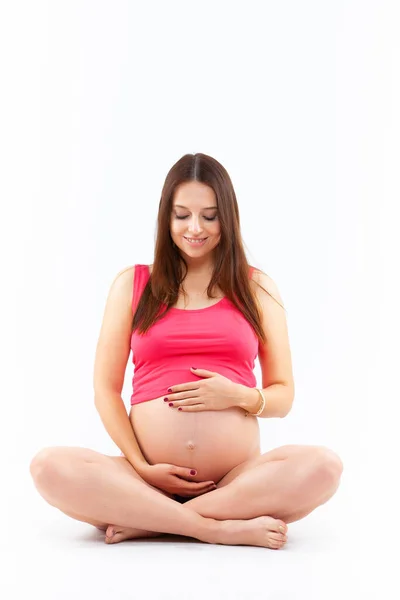 Έγκυος Γυναίκα Που Κάνει Γιόγκα Λευκό Φόντο — Φωτογραφία Αρχείου