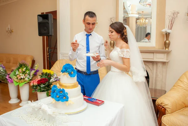 Gelin ve damat düğün pastası yiyorlar.