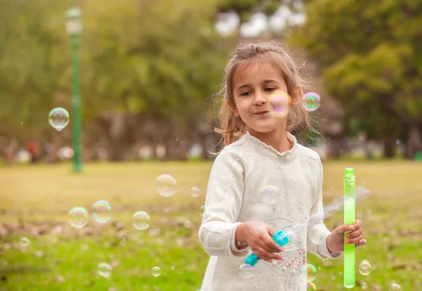 Happy Girl Soap Bubbles — Stock Photo, Image