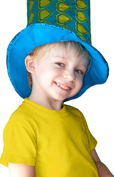 Fröhlicher Kleiner Junge Mit Karnevalsmütze Auf Weißem Hintergrund Porträt — Stockfoto