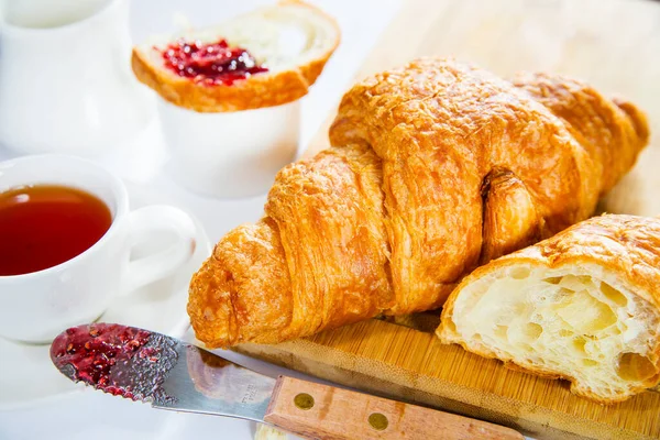 Breakfast White Table Croissant Butter Jam — Stock Photo, Image