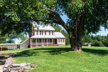 Ev ve ağaçlı geleneksel Amerikan avlusu manzarası
