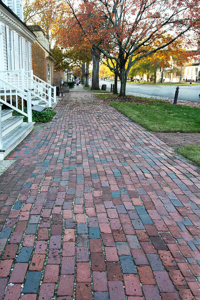 brick pavement in the old town of old houses