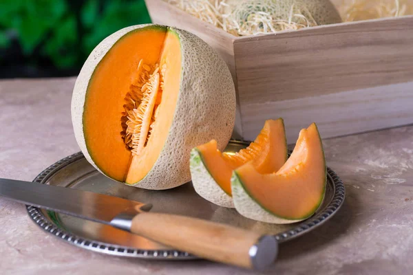 Melone Maturo Piatto Argento Giardino — Foto Stock