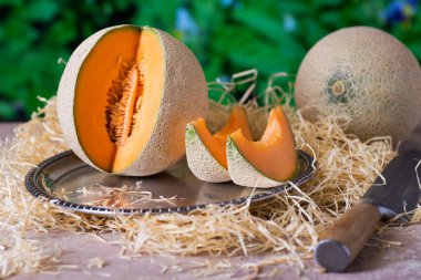 Bahçedeki masada gümüş bir tabakta olgun bir kavun.