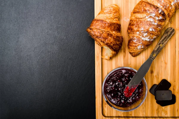 Croissant Raspberry Jam Chocolate Black Background View — Stock Photo, Image