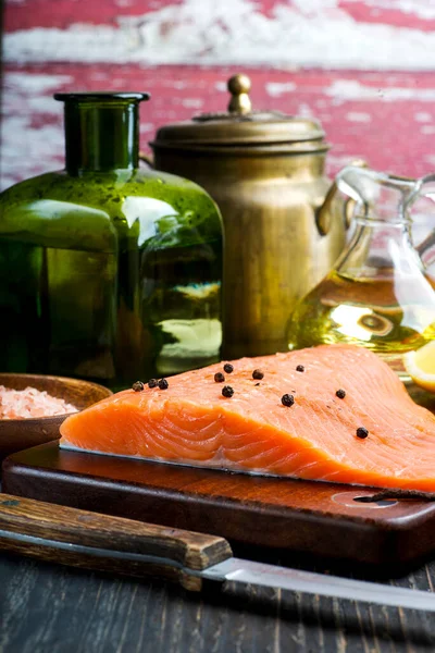 Fresh Salmon Fish Fillet Wooden Board Kitchen Table Ingredients — Stock Photo, Image