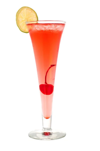 Rode Cocktail Met Limoen Kers Geïsoleerd Witte Achtergrond — Stockfoto
