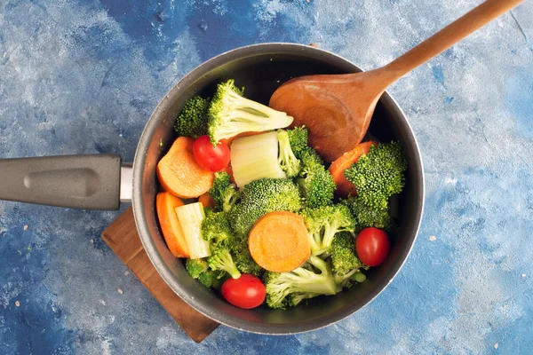 Sliced Fresh Vegetables Saucepan Spices Ingredients Blue Table — Stock Photo, Image