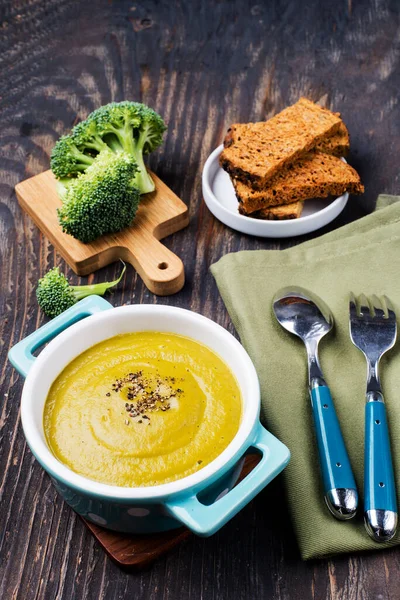 Broccoli Pumpkin Puree Soup Wooden Table Rustic Style — Stock Photo, Image