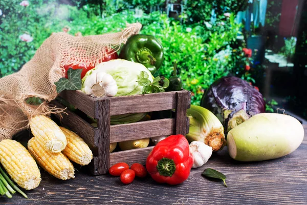 Wooden Box Fresh Vegetables Wooden Table Outdoors — Stock Photo, Image