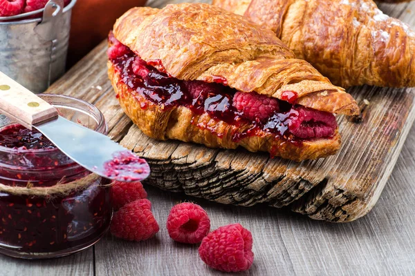 Croissant Raspberry Jam Raspberries Textured Wooden Board Close — Stock Photo, Image