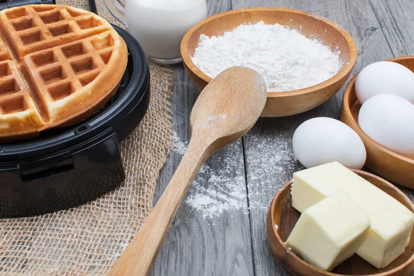 Freshly Made Waffles Kitchen Table Waffle Maker Dough Flour Milk — Stock Photo, Image