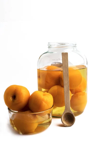 Glass Jar Ripe Peach Compote Natural Vegetarian Dessert Food White — Stock Photo, Image