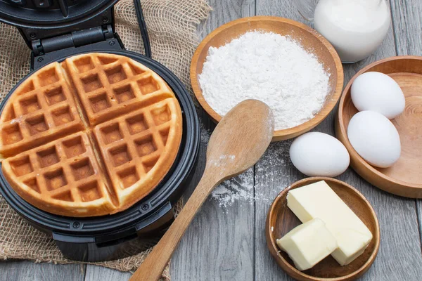 Freshly Made Waffles Kitchen Table Waffle Maker Dough Flour Milk — Stock Photo, Image