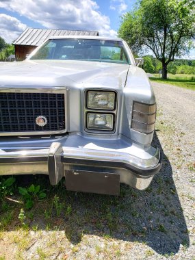 Waterford Virginia ABD 21 Eylül 2019. Radyatör ızgarası ve farlar yakın plan. Ford Torino 70 'ler. Amerikan retro arabası.