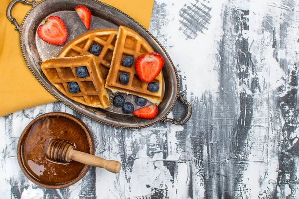 Waffles Honey Strawberries Blueberries Silver Platter Top View Space Text — Stock Photo, Image