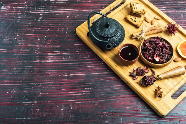 Hibiscus Tea Cast Iron Teapot Dry Tea Leaves Wooden Bowl — Stock Photo, Image