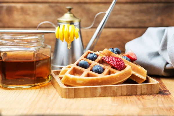 Fresh Waffles Blueberries Honey Breakfast Close — Stock Photo, Image