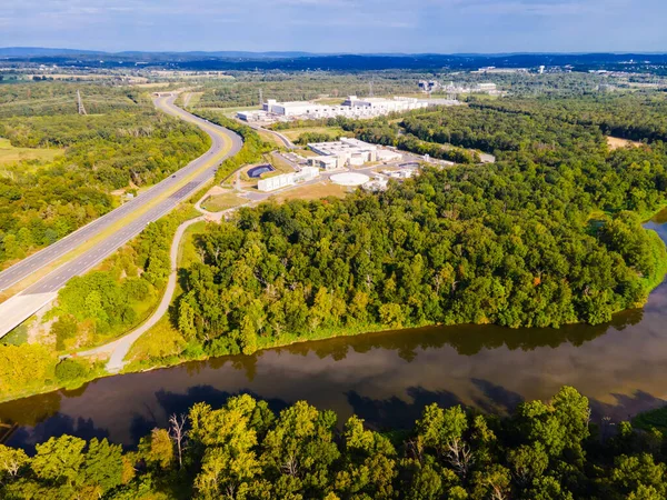 Vista Aérea Cima Para Baixo Floresta Verde Rio Auto Estrada — Fotografia de Stock