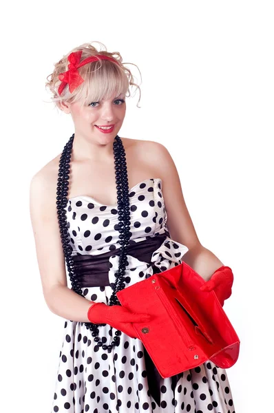 Lovely girl with an empty handbag — Stock Photo, Image