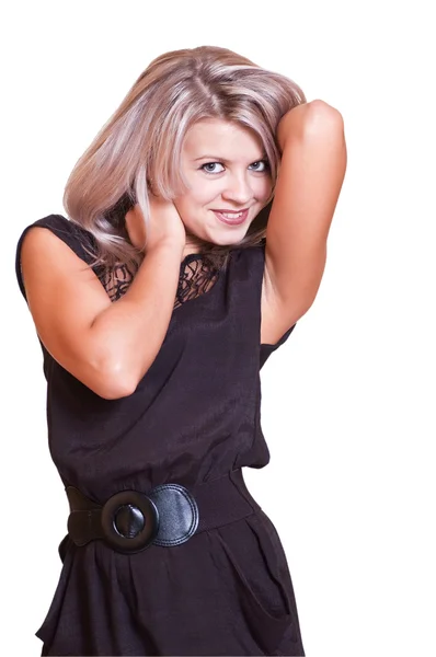 Portrait of beautiful young blonde girl in black dress — Stock Photo, Image