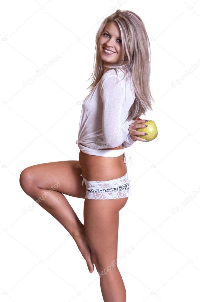 cheerful woman with apple