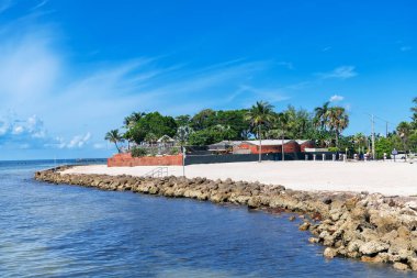 Florida 'da palmiye ağaçları ve tarihi tuğla yapısı olan sakin bir okyanus manzarası.