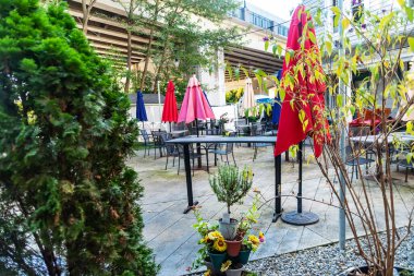 Renkli şemsiyeleri ve boş masaları olan yemek salonu. Şehir dışı oturma. 