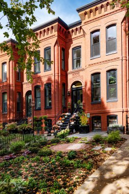 Tuğla evler ve peyzaj yolları. Sonbahar sezonunda büyüleyici Amerikan şehir mimarisi.