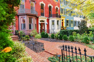 Dekoratif ön bahçeler ve sonbaharda tarihi evler. Washington DC 'nin ağaçlık mahallesinde huzurlu bir ortam..