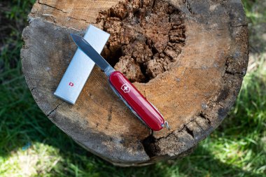 Viktorinox bıçağı markalı kutusunun yanındaki ağaç kütüğünün üzerinde yeşil çimen zeminine karşı.