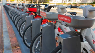 Şehrin göbeğinde halk bisikletleri kiralanmak üzere dizilmiş..