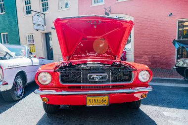 Klasik kırmızı Ford Mustang antika plakalı sergileniyor