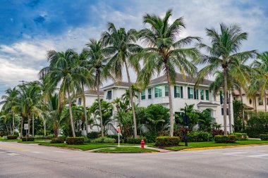 Beyaz sıva dış, yemyeşil peyzaj ve dramatik bir gökyüzü altında uzun palmiye ağaçları içeren tropikal bir iklimde lüks bir köşe arsa.