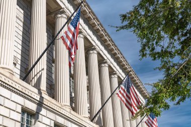 Washington DC 'de büyük sütunlara ve ABD bayrağına sahip tarihi mimari.