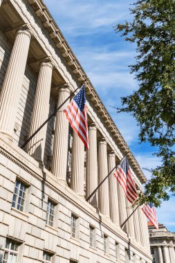 Washington DC 'deki neoklasik hükümet binasının önünde Amerikan bayrağı sallanıyor..
