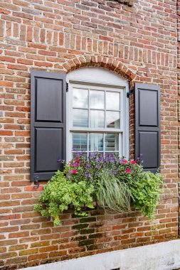 Kırsal tuğla duvar, çiçek ekiciler ve siyah panjurlar.